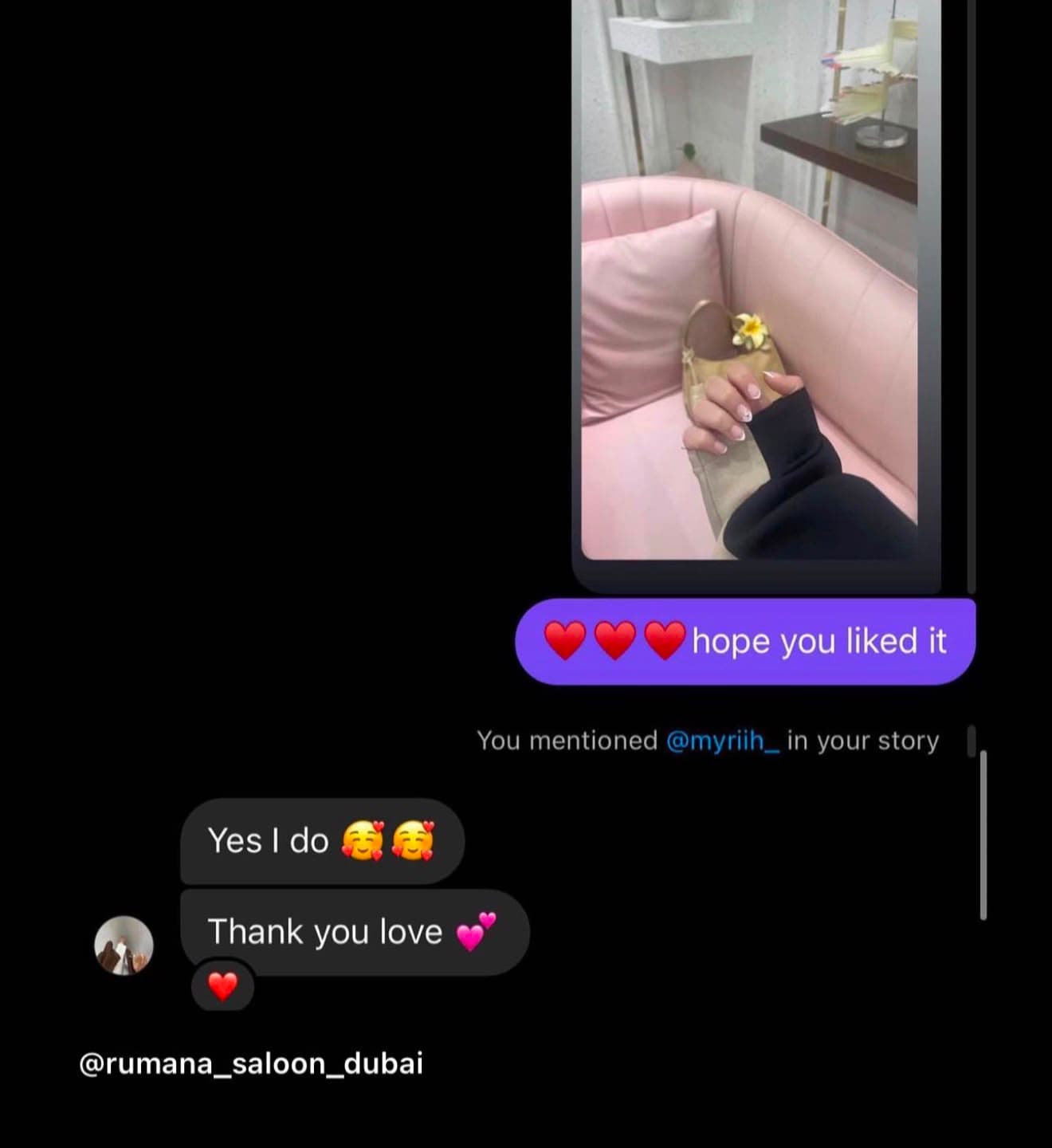 Instagram DM conversation thanking a client after her visit