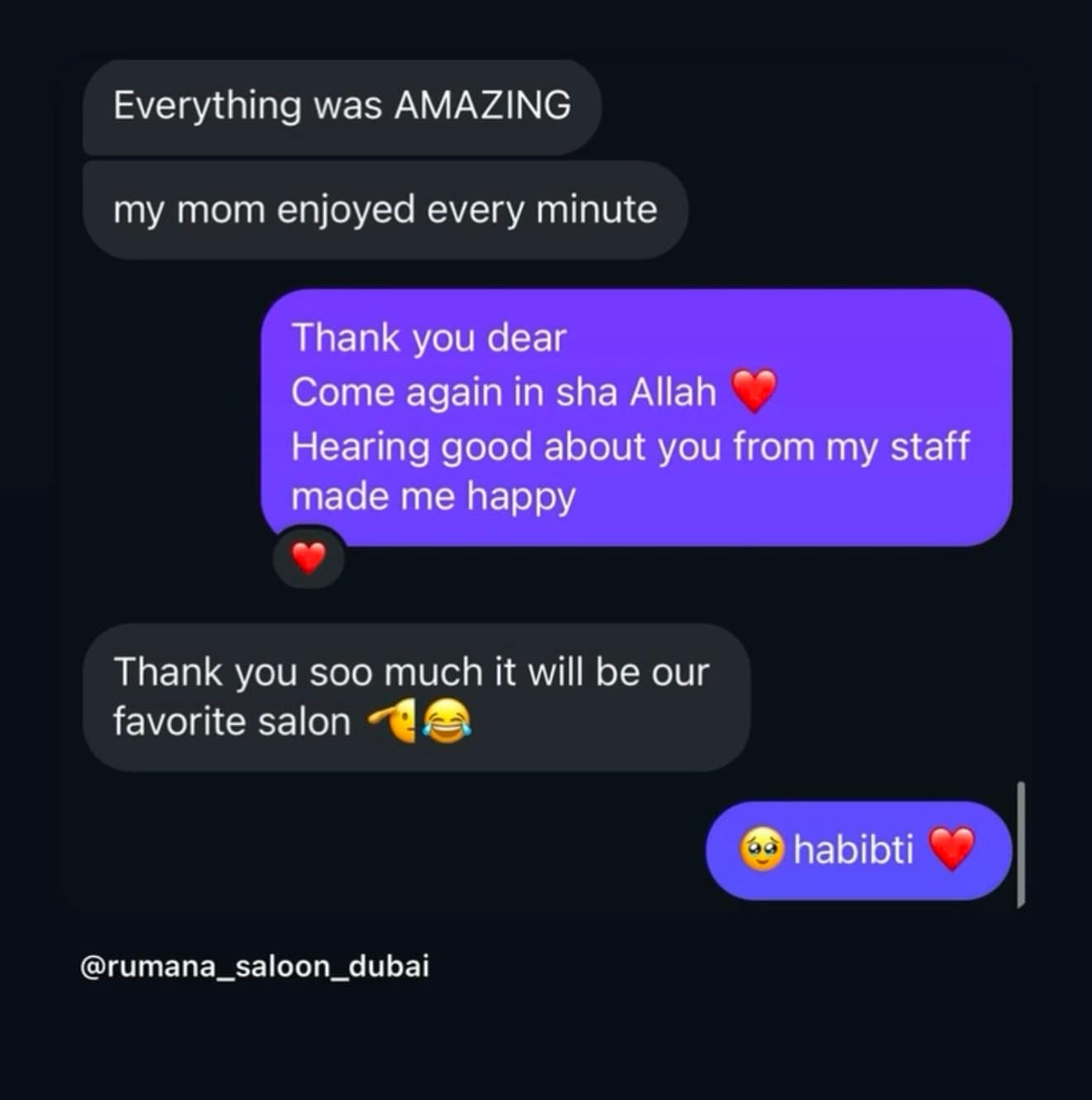 Instagram DM saying everything was amazing and her mom enjoyed every minute