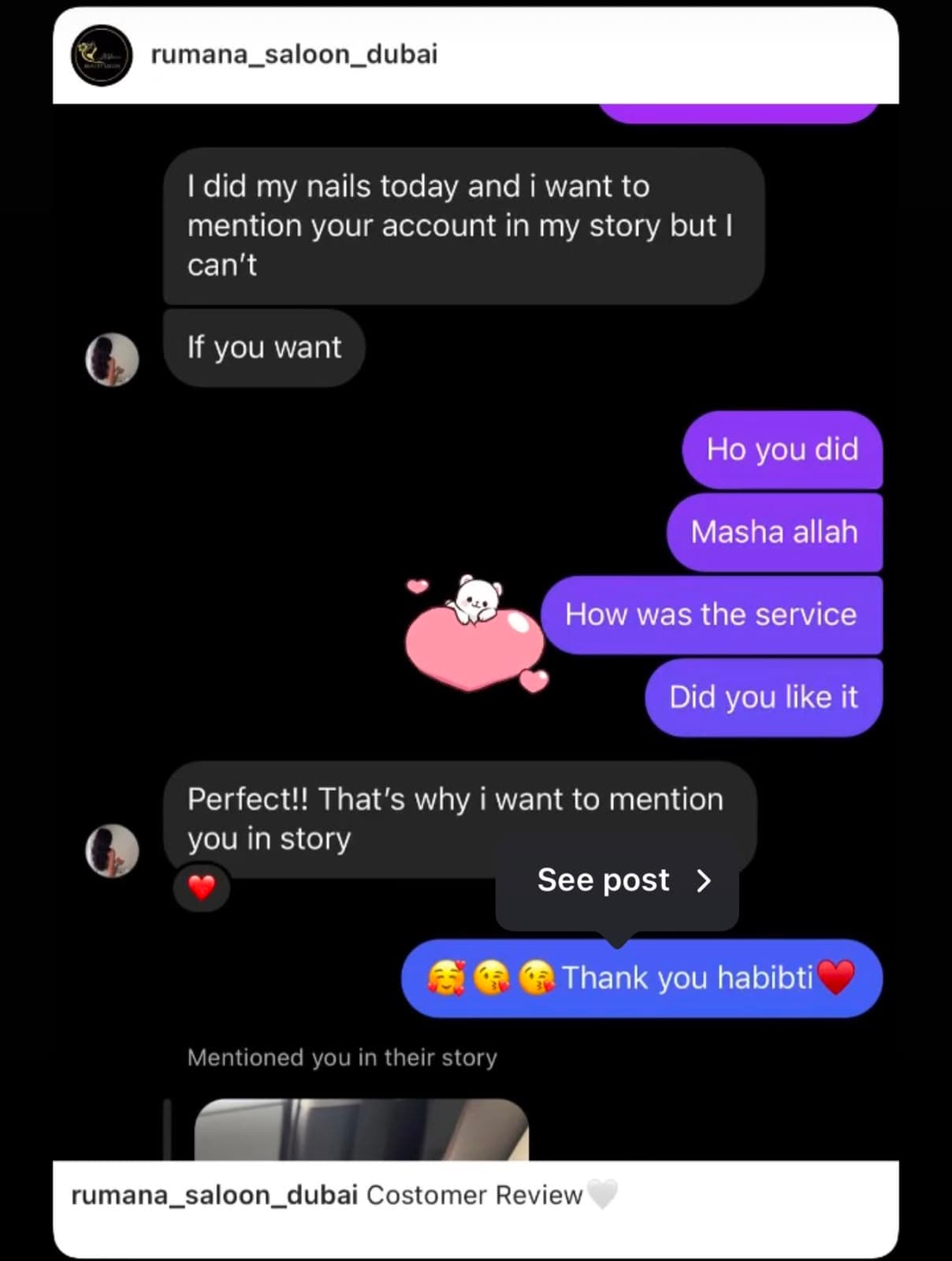 Instagram DM about mentioning the salon after a nail appointment