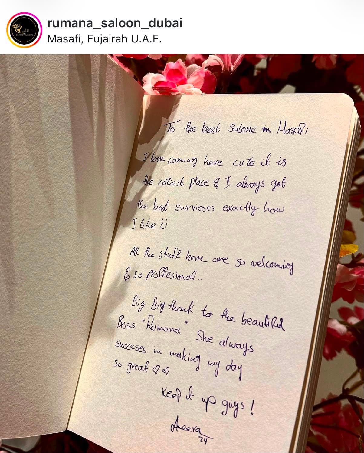 Handwritten guestbook review from Ameera praising Rumana Saloon