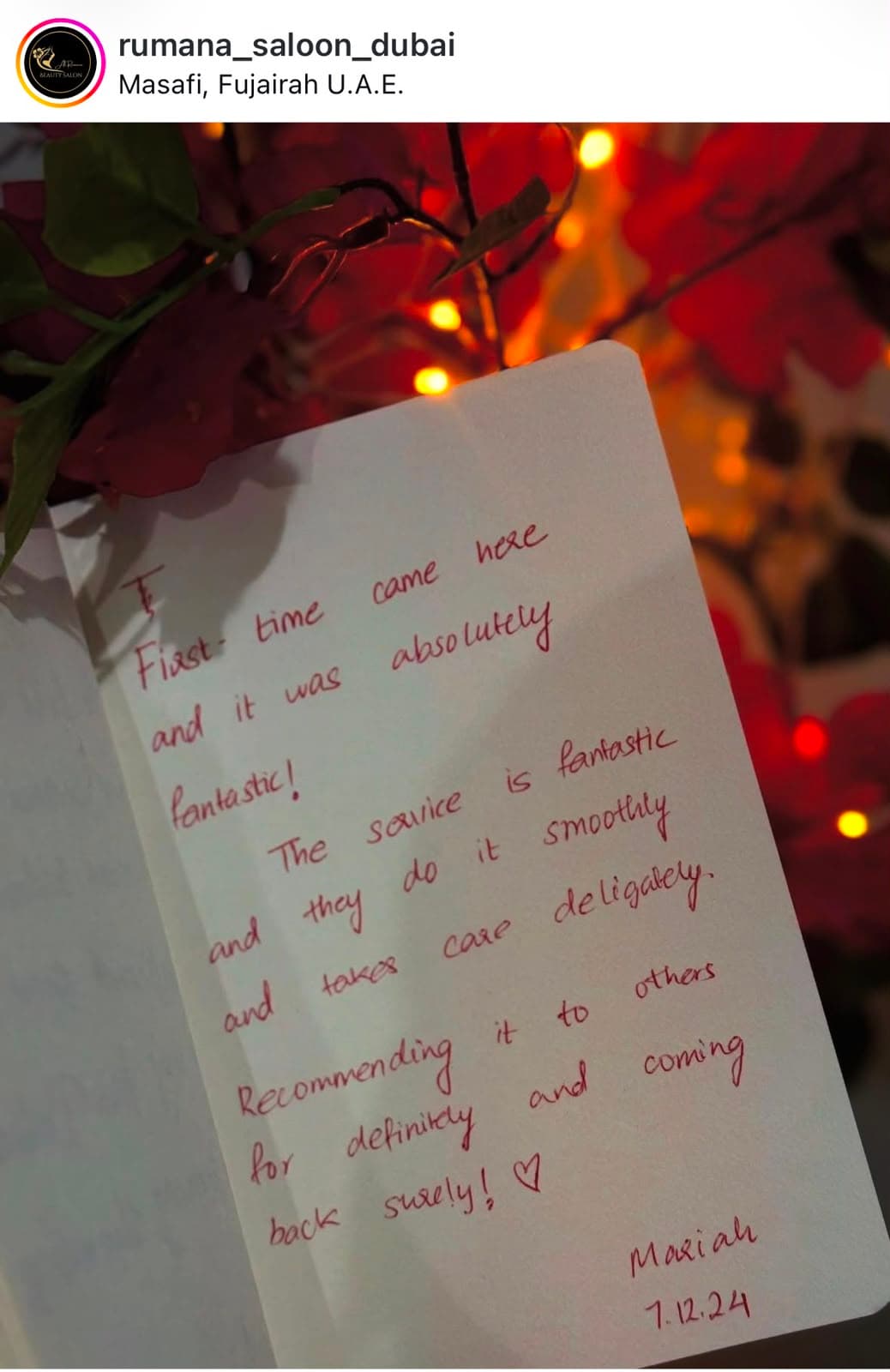Handwritten guestbook review from Mariah praising Rumana Saloon