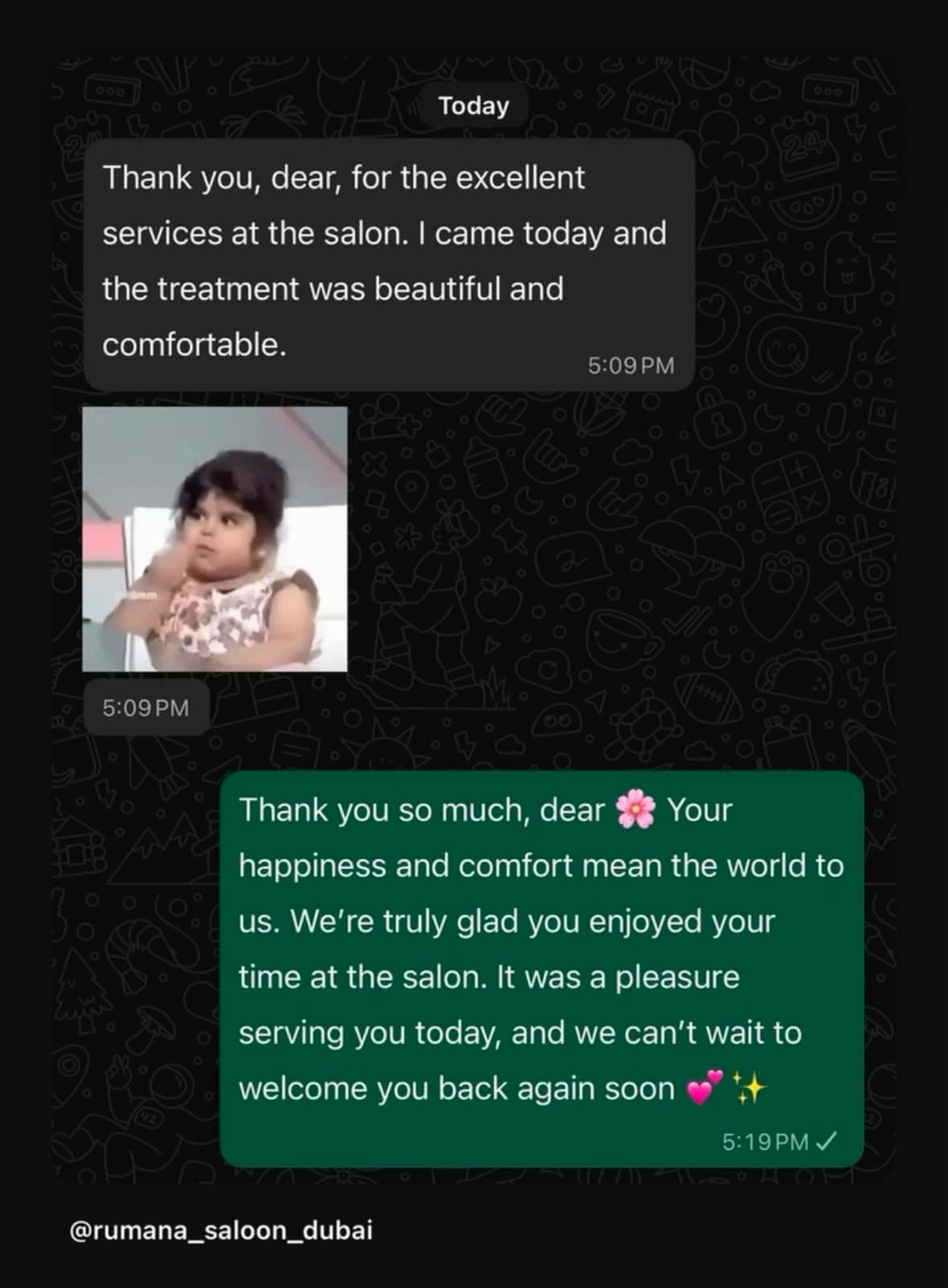 WhatsApp message thanking Rumana Saloon for excellent service
